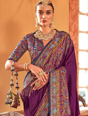 purple ethnic motifs printed banarasi silk blend saree 3