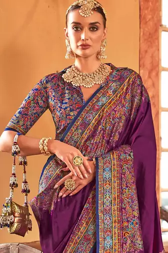 purple ethnic motifs printed banarasi silk blend saree