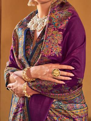 purple ethnic motifs printed banarasi silk blend saree 4