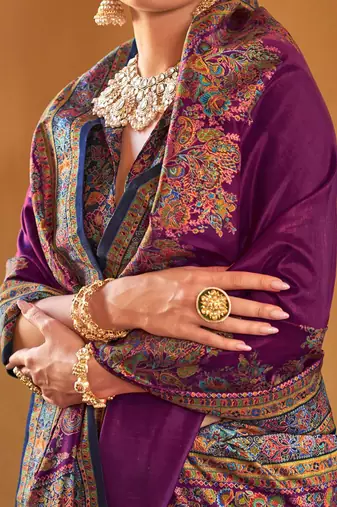 purple ethnic motifs printed banarasi silk blend saree
