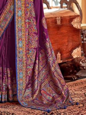 purple ethnic motifs printed banarasi silk blend saree 5