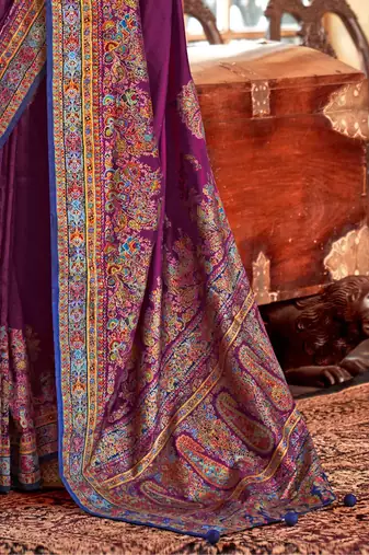 purple ethnic motifs printed banarasi silk blend saree