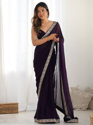 violet solid sequinned satin saree 2
