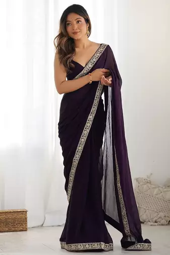 violet solid sequinned satin saree