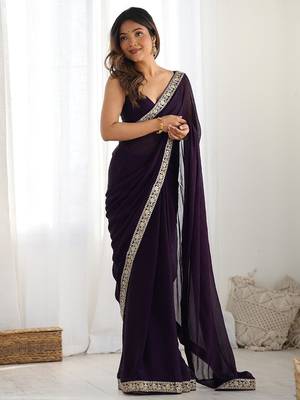 violet solid sequinned satin saree 3