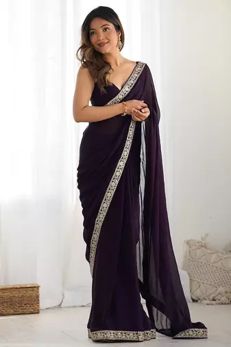 violet solid sequinned satin saree