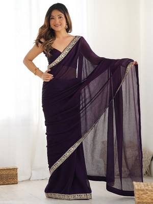 violet solid sequinned satin saree 4
