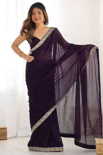 violet solid sequinned satin saree