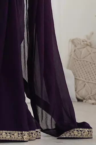 violet solid sequinned satin saree