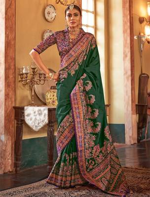 green ethnic motifs banarasi silk blend saree 1