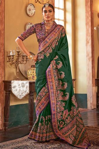 green ethnic motifs banarasi silk blend saree