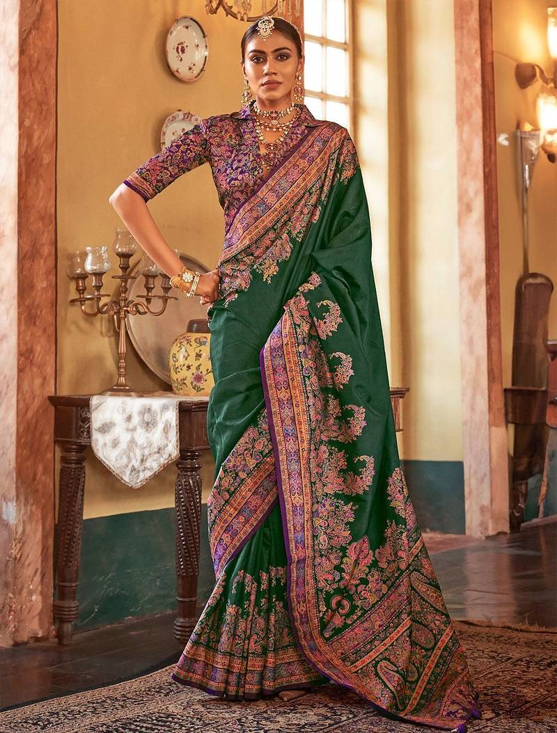green ethnic motifs banarasi silk blend saree