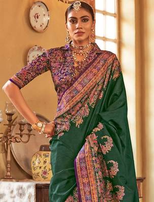 green ethnic motifs banarasi silk blend saree 3
