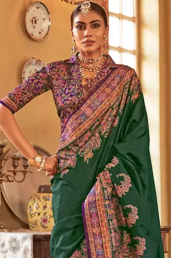 green ethnic motifs banarasi silk blend saree