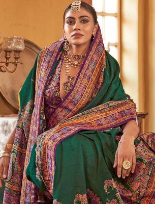 green ethnic motifs banarasi silk blend saree 4