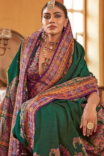 green ethnic motifs banarasi silk blend saree