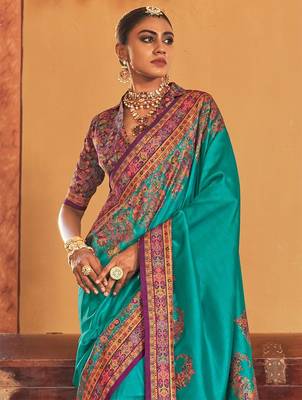blue floral printed banarasi silk blend saree 1