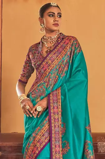 blue floral printed banarasi silk blend saree