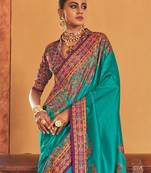 blue floral printed banarasi silk blend saree
