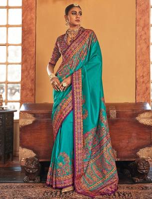 blue floral printed banarasi silk blend saree 2
