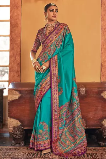 blue floral printed banarasi silk blend saree