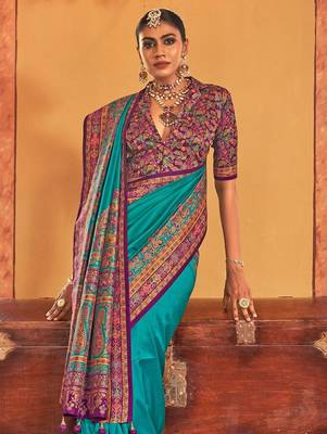 blue floral printed banarasi silk blend saree 3