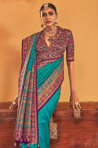 blue floral printed banarasi silk blend saree