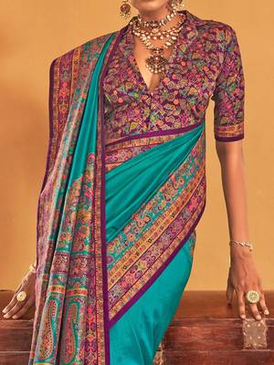 blue floral printed banarasi silk blend saree 4