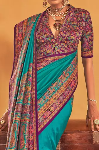blue floral printed banarasi silk blend saree