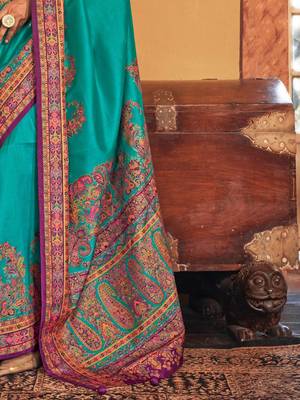 blue floral printed banarasi silk blend saree 5