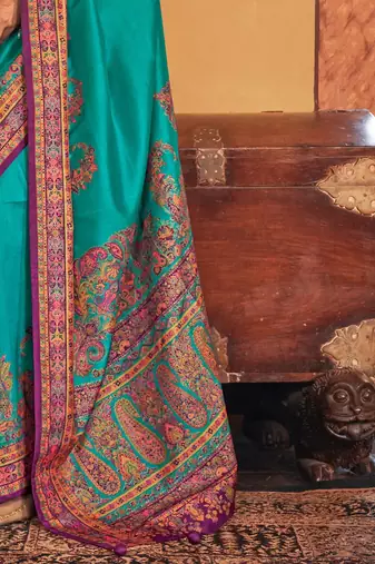 blue floral printed banarasi silk blend saree