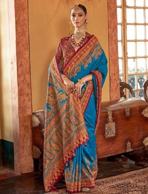 blue women ethnic motifs banarasi silk blend saree 1