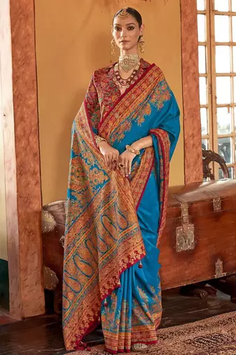blue women ethnic motifs banarasi silk blend saree