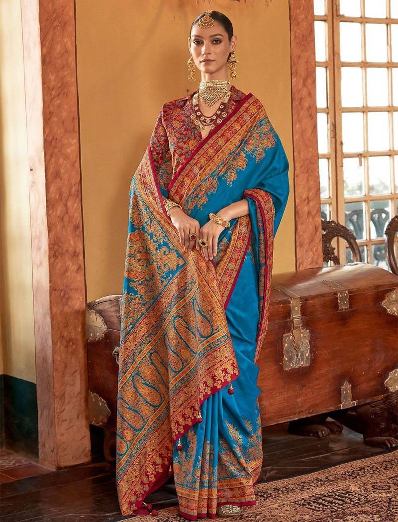 blue women ethnic motifs banarasi silk blend saree