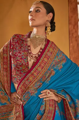 blue women ethnic motifs banarasi silk blend saree