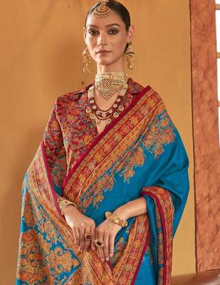 blue women ethnic motifs banarasi silk blend saree 3