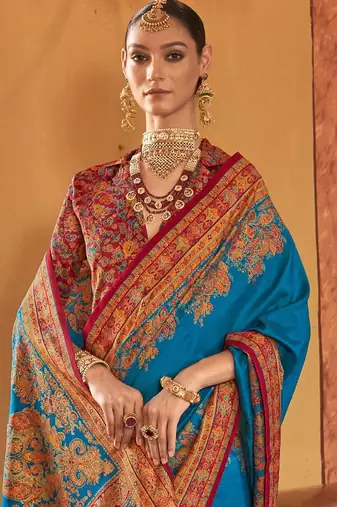 blue women ethnic motifs banarasi silk blend saree