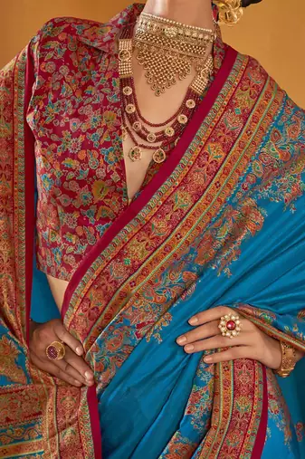 blue women ethnic motifs banarasi silk blend saree
