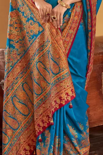 blue women ethnic motifs banarasi silk blend saree