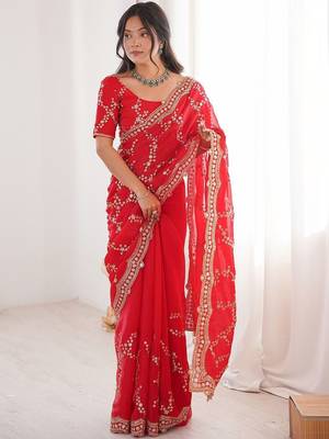 red embellished embroidered satin heavy work saree 1