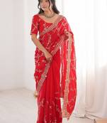 red embellished embroidered satin heavy work saree