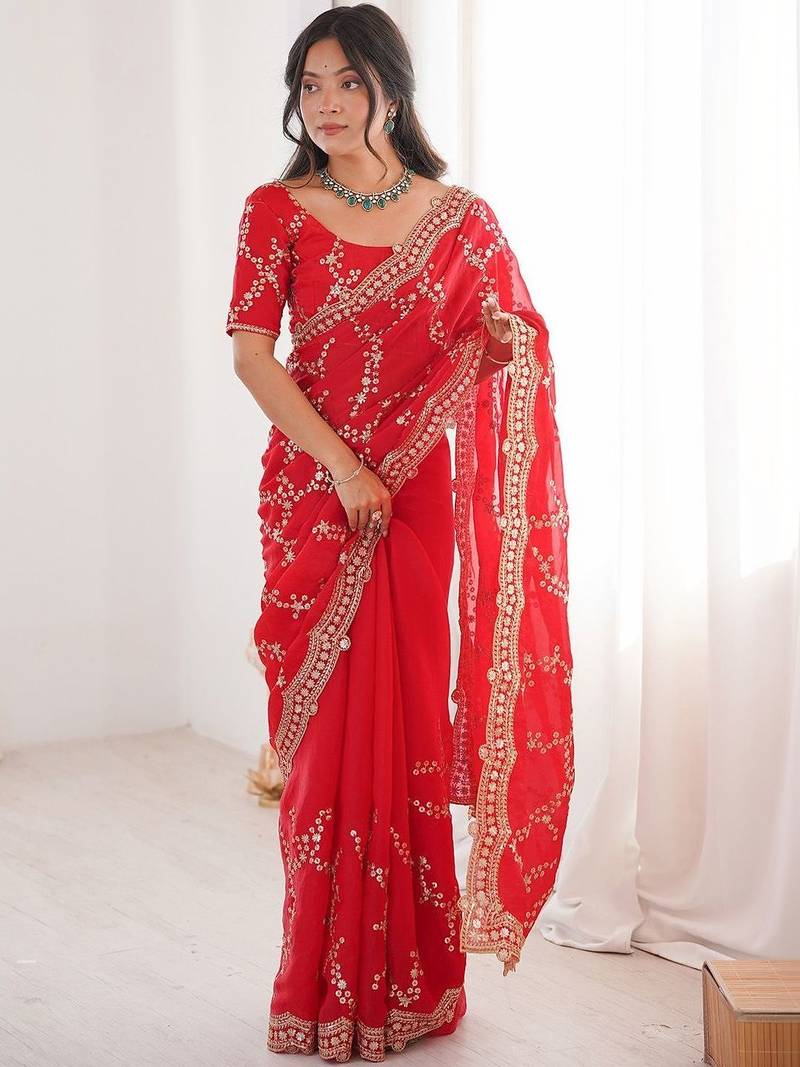 red embellished embroidered satin heavy work saree
