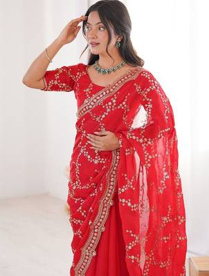 red embellished embroidered satin heavy work saree 2