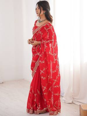 red embellished embroidered satin heavy work saree 3