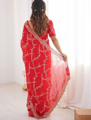 red embellished embroidered satin heavy work saree 4