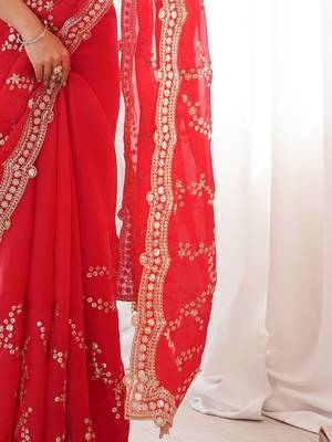 red embellished embroidered satin heavy work saree 5