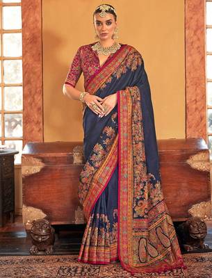 blue ethnic motifs printed banarasi silk blend saree 1