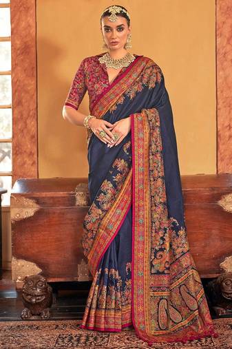 blue ethnic motifs printed banarasi silk blend saree