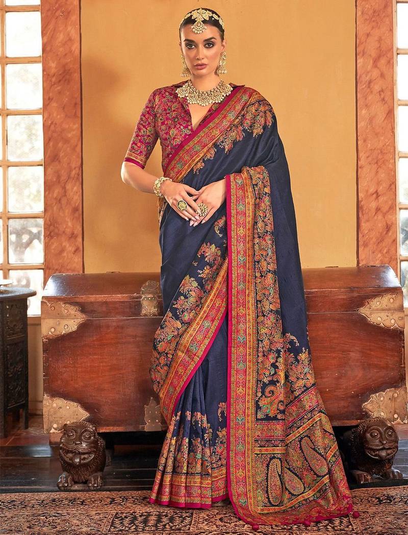 blue ethnic motifs printed banarasi silk blend saree