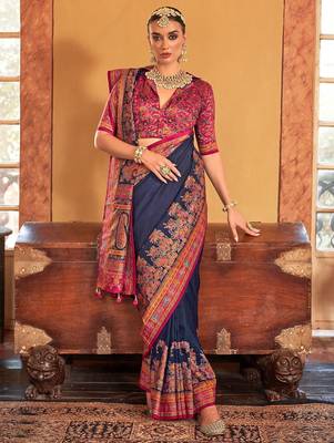 blue ethnic motifs printed banarasi silk blend saree 2